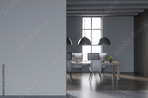Dark business room interior with table and pc, window with city view. Mockup