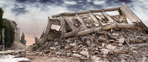 Εκτύπωση καμβά View on a collapsed concrete industrial building with dark dramatic sky above