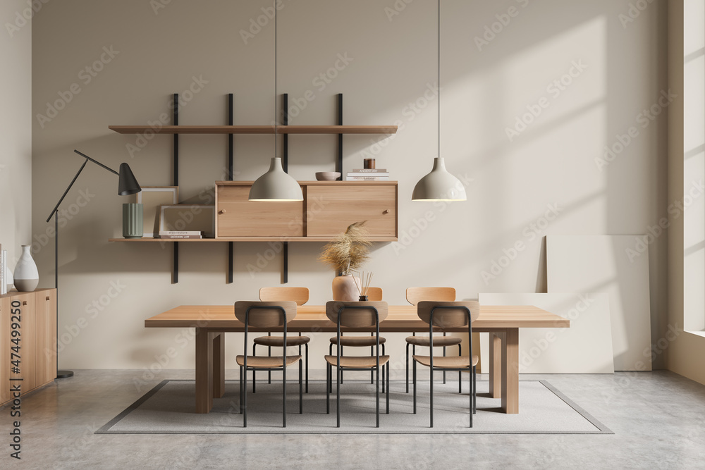 Fototapeta premium Bright dining room interior with six chairs, table, lamp
