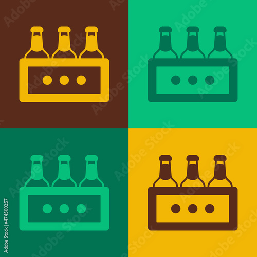 Pop art Pack of beer bottles icon isolated on color background. Wooden box and beer bottles. Case crate beer box sign. Vector