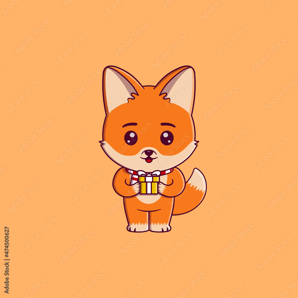 Obraz premium Cute fox wearing christmas scarf holding gift box