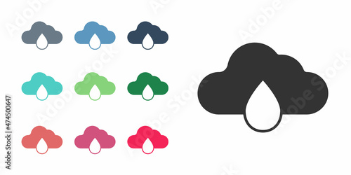 Black Cloud with rain icon isolated on white background. Rain cloud precipitation with rain drops. Set icons colorful. Vector