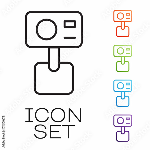 Black line Action extreme camera icon isolated on white background. Video camera equipment for filming extreme sports. Set icons colorful. Vector