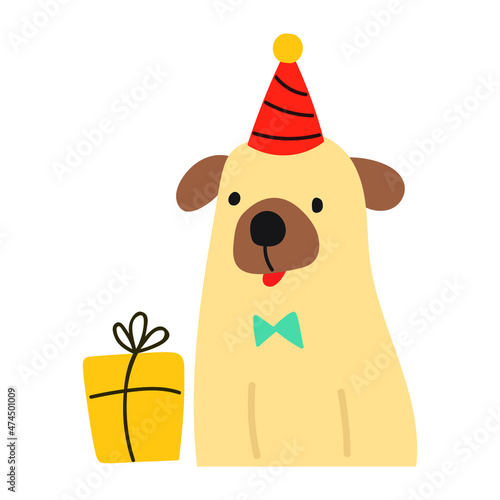 Birthday and present box. Happy dog wearing party hat. Vector illustration. 