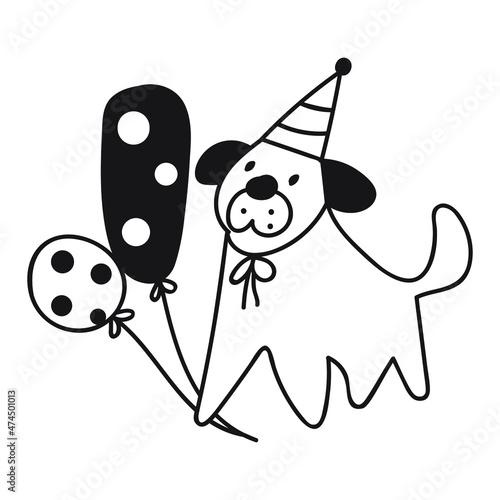 Dog with balloons. Birthday party. 
Hand drawn vector outline illustration. 