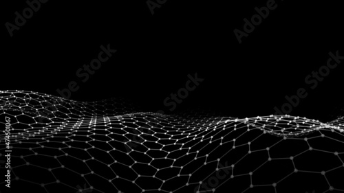 Abstract hexagon black wave with moving dots and lines. Flow of particles. Cyber technology illustration. Vector illustration.