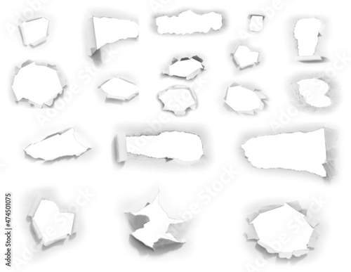 Collection of torn hole paper isolated on white background
