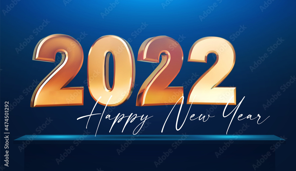 Happy new 2022 year Elegant gold text with podium and spotlight. Minimalistic text template.