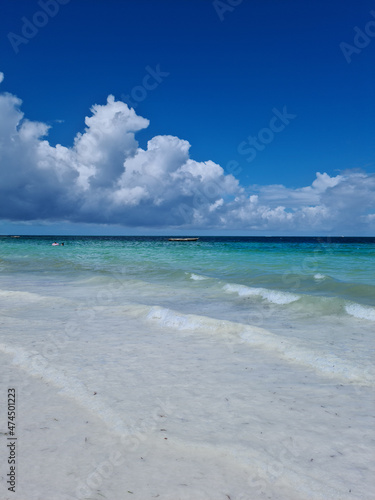 Beautiful, exotic and natural tropical landscape, beach with white sand. Turquoise Indian ocean on background blue sky with white big clouds on sunny summer day, Zanzibar Island, Afica, Nungwi, Kiweng © Izabela