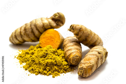Turmeric and turmeric powder isolated on white background