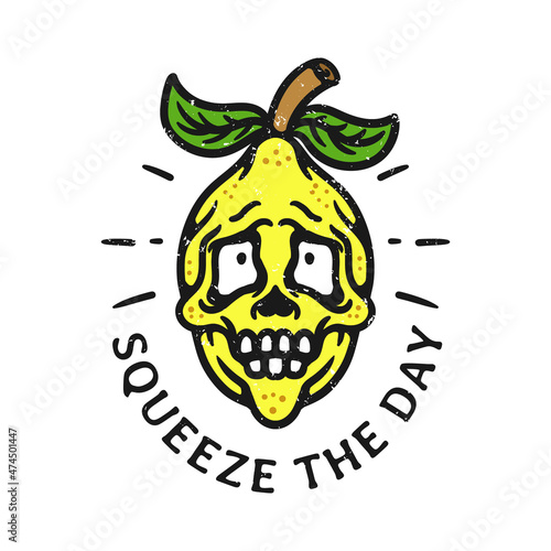 vintage style skull faced lemon illustration with grunge