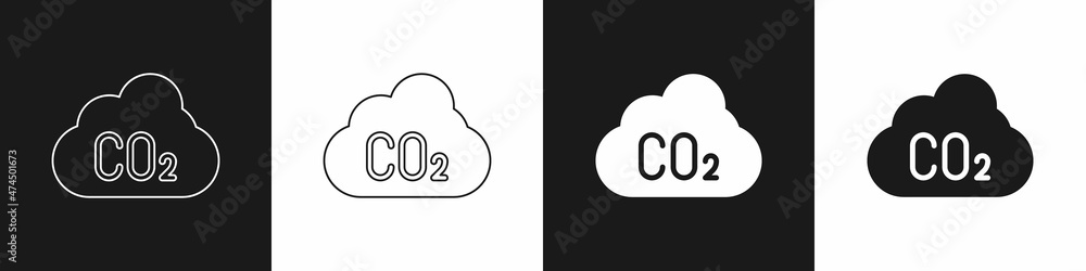Set CO2 emissions in cloud icon isolated on black and white background. Carbon dioxide formula, smog pollution concept, environment concept. Vector Set CO2 emissions in cloud icon isolated on black and white background. Carbon dioxide formula, smog pollution concept, environment concept. Vector
