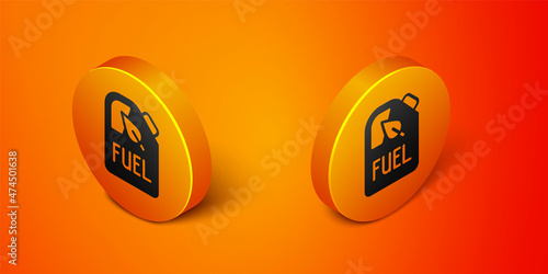 Isometric Bio fuel canister icon isolated on orange background. Eco bio and barrel. Green environment and recycle. Orange circle button. Vector