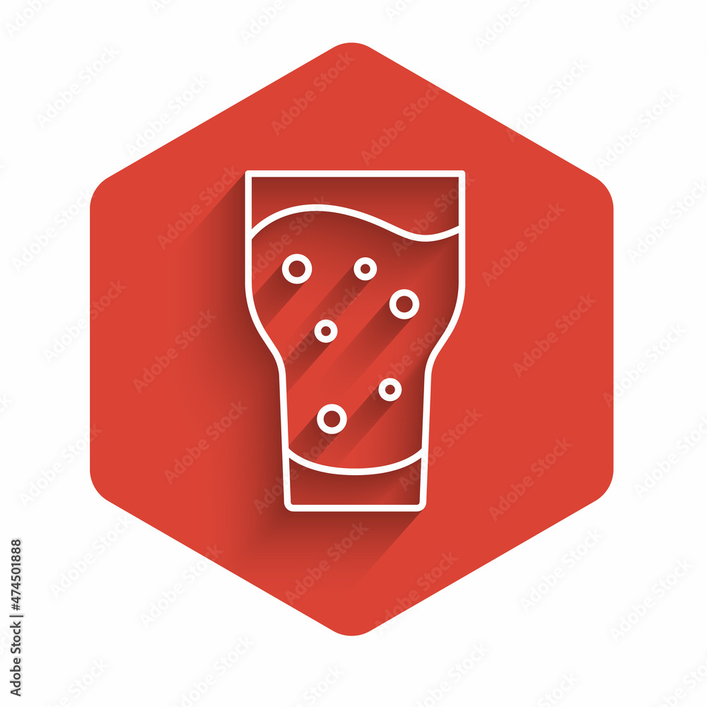 White line Glass of beer icon isolated with long shadow. Red hexagon button. Vector White line Glass of beer icon isolated with long shadow. Red hexagon button. Vector