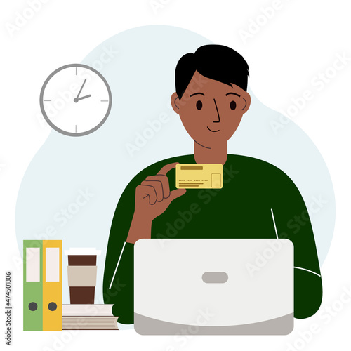 A man with a laptop in her hand holds a bank card. Concept credit, deposit, payment, debit online. Vector