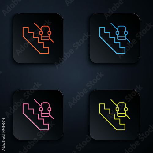 Color neon line Disabled access elevator lift escalator icon isolated on black background. Movable mechanical chair platform for handicapped human. Set icons in square buttons. Vector
