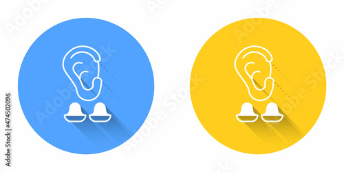 White Earplugs and ear icon isolated with long shadow background. Ear plug sign. Noise symbol. Sleeping quality concept. Circle button. Vector