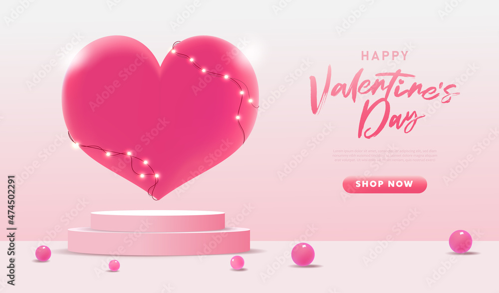 Valentine's day minimal scene on pink pastel background with cylinder podium and big sweet heart. Stage mockup showcase for product, sale, presentation, cosmetic and discount. 3d vector illustration