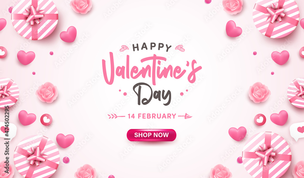 Happy Valentine's Day banner or background with 3D realistic pink heart, gift box, bubble speech on pastel. Romantic greeting card design with lovely elements