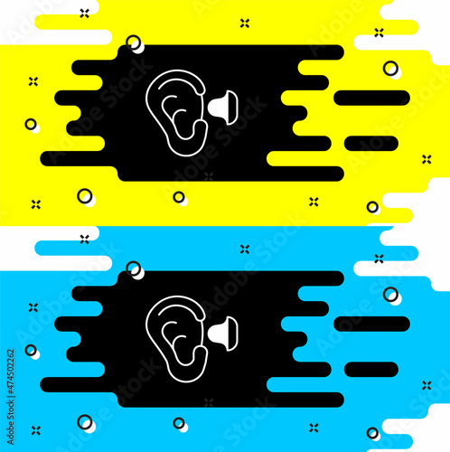 White Earplugs and ear icon isolated on black background. Ear plug sign. Noise symbol. Sleeping quality concept. Vector