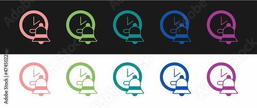 Set Alarm clock icon isolated on black and white background. Wake up, get up concept. Time sign. Vector