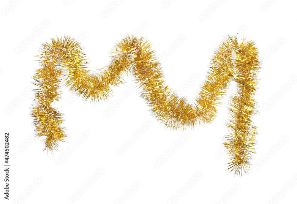 Shiny golden tinsel isolated on white. Christmas decoration Shiny golden tinsel isolated on white. Christmas decoration