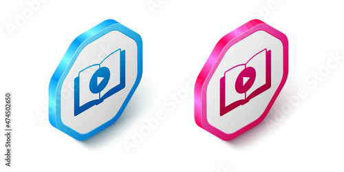 Isometric Audio book icon isolated on white background. Play button and book. Audio guide sign. Online learning concept. Hexagon button. Vector