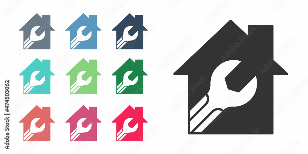 Black House or home with wrench spanner icon isolated on white background. Adjusting, service, setting, maintenance, repair, fixing. Set icons colorful. Vector Black House or home with wrench spanner icon isolated on white background. Adjusting, service, setting, maintenance, repair, fixing. Set icons colorful. Vector
