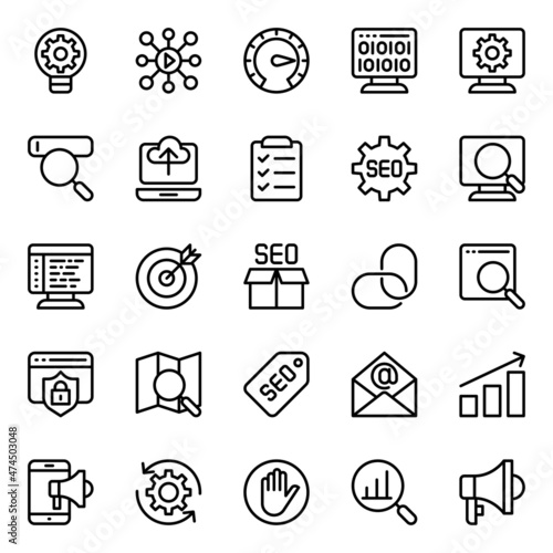 Outline icons for search engine optimization.