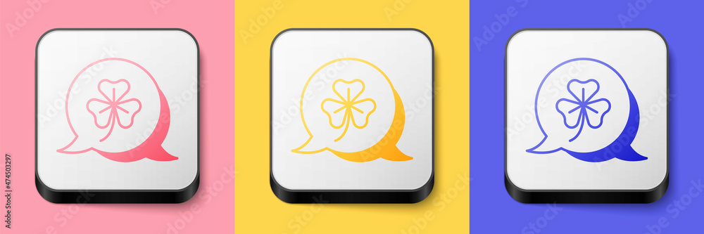 Isometric Clover trefoil leaf icon isolated on pink, yellow and blue background. Happy Saint Patricks day. National Irish holiday. Square button. Vector Isometric Clover trefoil leaf icon isolated on pink, yellow and blue background. Happy Saint Patricks day. National Irish holiday. Square button. Vector