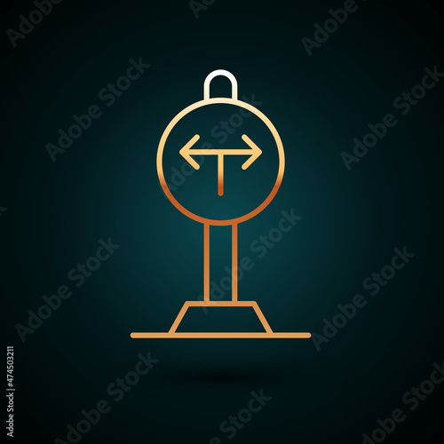Gold line Fork in the road icon isolated on dark blue background. Vector