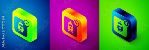 Isometric Online ticket booking and buying app interface icon isolated on blue, purple and green background. E-tickets ordering. Electronic train ticket on screen. Square button. Vector