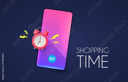 Shipping time. Online marketing concept with shining smartphone and ringing alarm clock