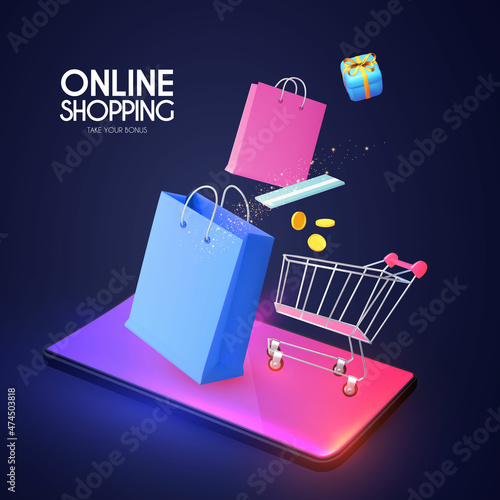 Online shopping. Digital marketing concept with shining phone, paying hand, shopping trolley cart, coins, card, gift bags and box