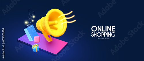 Online shopping. Digital marketing concept with shining phone, gift bags, boxes. megaphone and sound wave