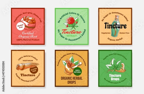 Organic herbal tincture drops poster collection vector engraved illustration. Squared placard