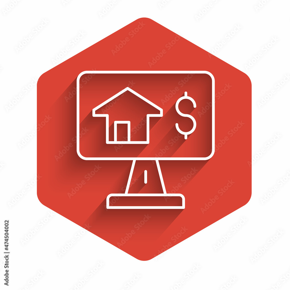 White line Online real estate house in browser icon isolated with long shadow background. Home loan concept, rent, buy, buying a property. Red hexagon button. Vector White line Online real estate house in browser icon isolated with long shadow background. Home loan concept, rent, buy, buying a property. Red hexagon button. Vector