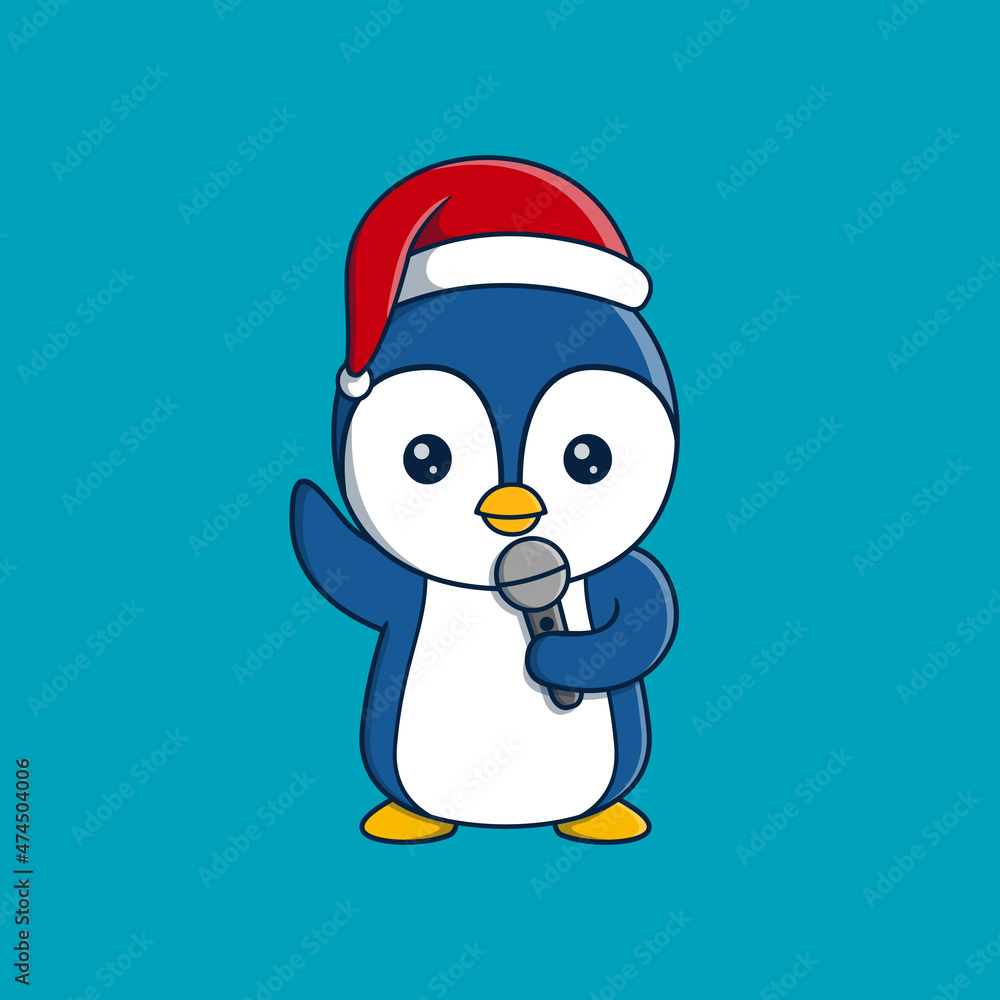 Cute Penguin wearing christmas hat singing