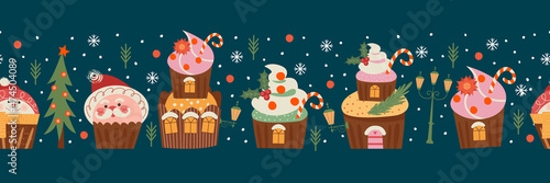 Merry Christmas and Happy New Year. Vector seamless border with cute sweets.