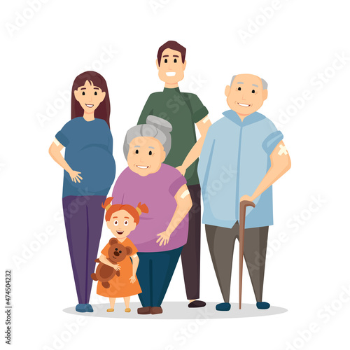 Vaccination against the Covid-19 coronavirus for a happy large family, the elderly, young people and children. Global hope for COVID-19 vaccine concept. Family vaccination concept design.