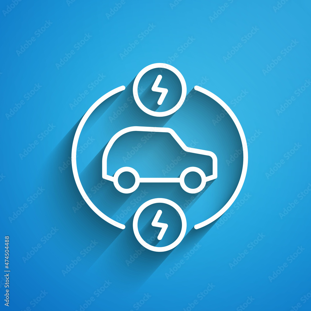 White line Electric car and electrical cable plug charging icon isolated on blue background. Renewable eco technologies. Long shadow. Vector White line Electric car and electrical cable plug charging icon isolated on blue background. Renewable eco technologies. Long shadow. Vector