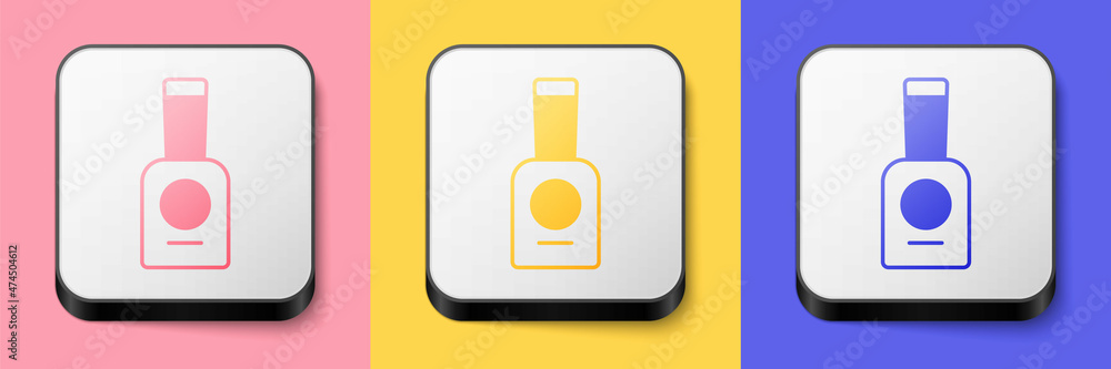 Isometric Bottle of nail polish icon isolated on pink, yellow and blue background. Square button. Vector Isometric Bottle of nail polish icon isolated on pink, yellow and blue background. Square button. Vector