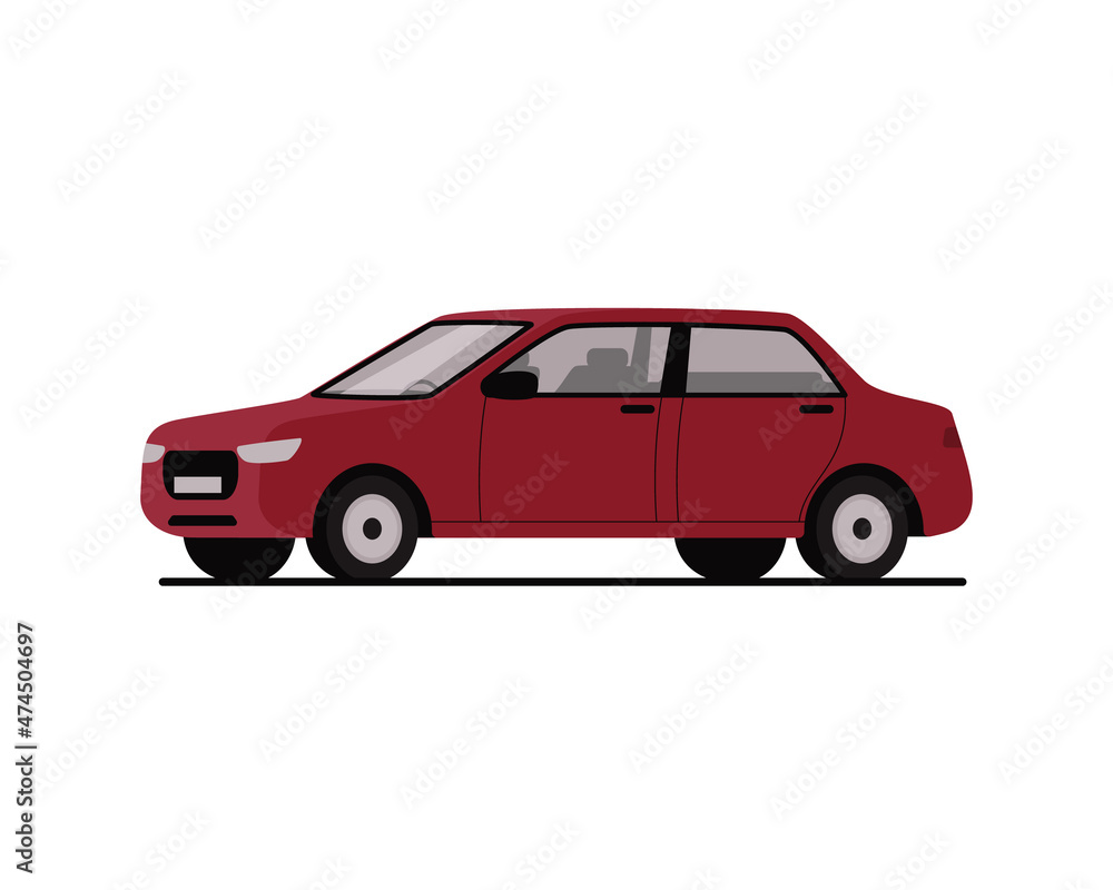 Red sedan car. Color vector illustration flat style. White isolated background.