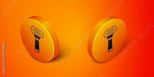 Isometric Shaving razor icon isolated on orange background. Orange circle button. Vector