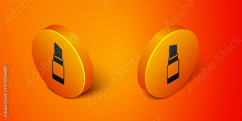 Isometric Lipstick icon isolated on orange background. 8 March. International Happy Women Day. Orange circle button. Vector