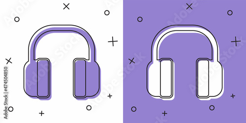 Set Noise canceling headphones icon isolated on white and purple background. Headphones for ear protection from noise. Vector