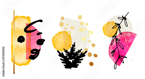 Original watercolor decoration, modern minimalist horizontal graffiti design. Modern frame for wall decoration, postcard or brochure cover design. Vector EPS10. Pink yellow black