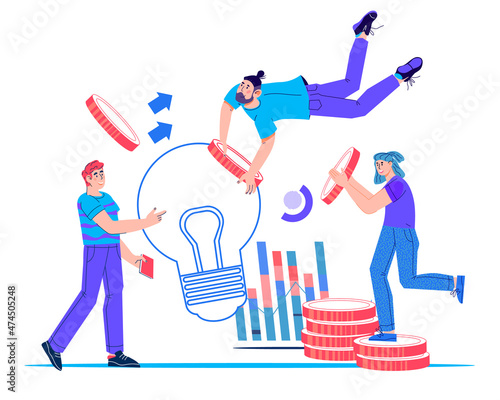 Start Up investors investing in new Business Idea. New Investors and development strategy. Teamwork and entrepreneurship, flat cartoon vector illustration isolated on white background.