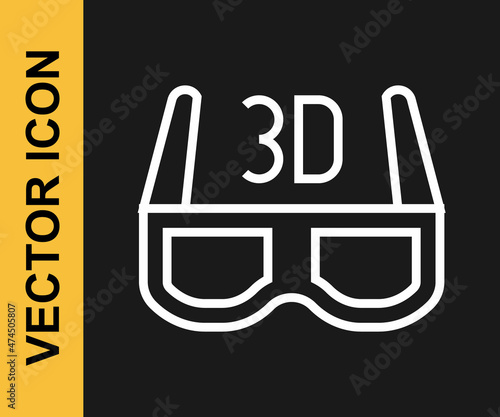 White line 3D cinema glasses icon isolated on black background. Vector