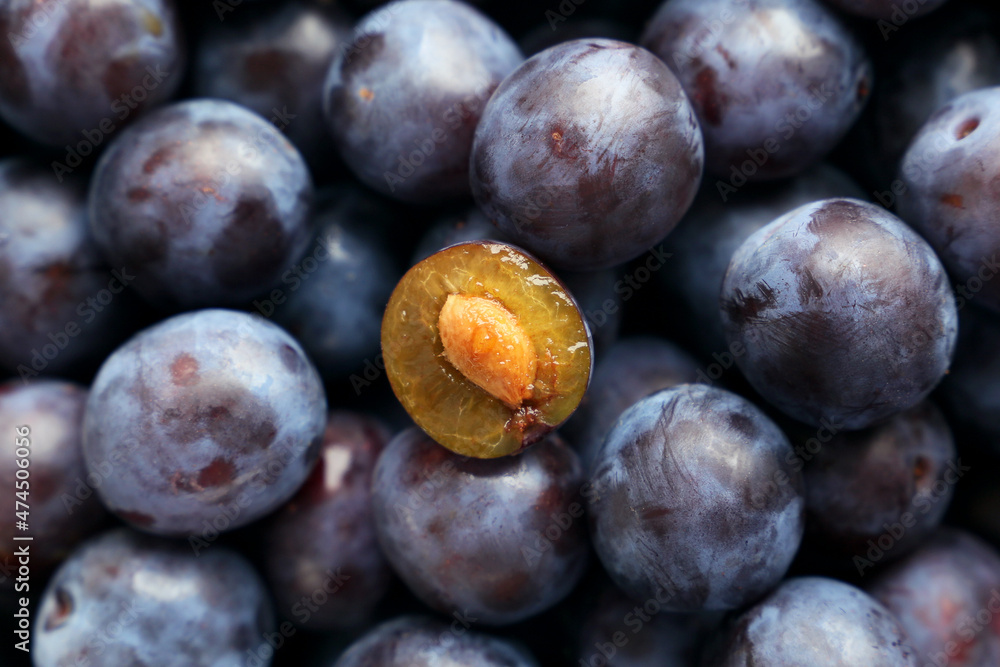 Fototapeta premium Half of a plum with a stone, fruit background, background of plums